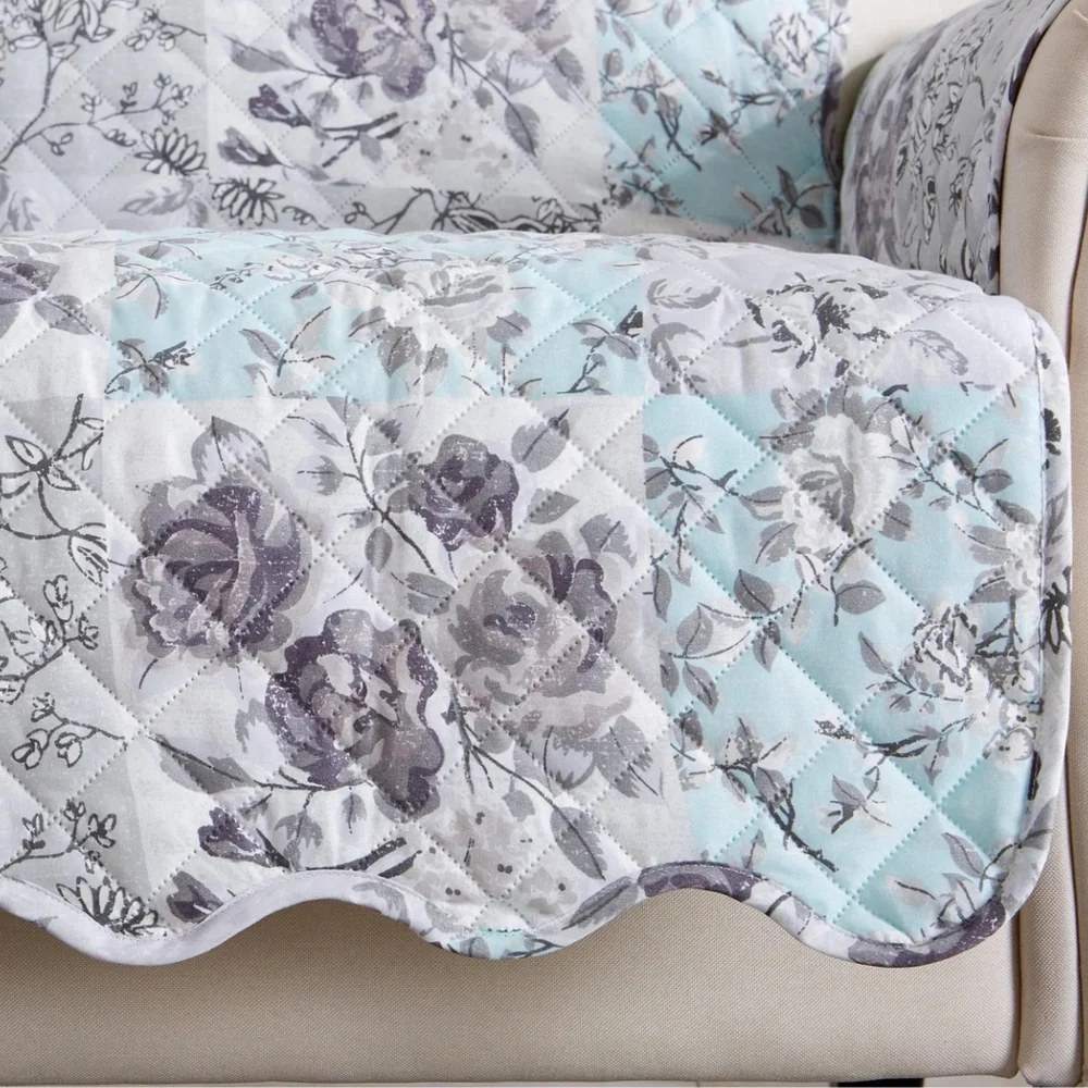 Maribel Collection NWT Reversible Floral Quilt Furniture Protector In Grey/Blue